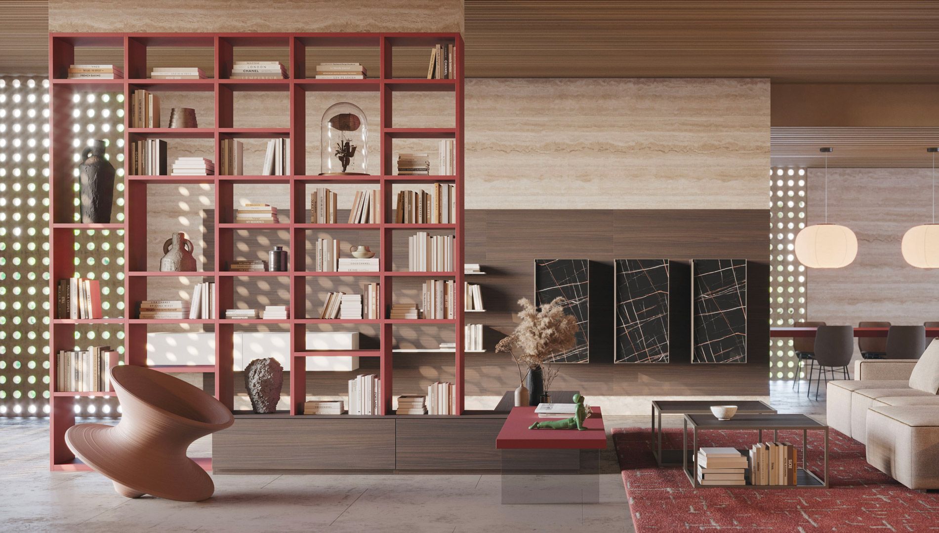 Soggiorno moderno con libreria rossa piena di libri e decorazioni, una sedia elegante e un tavolino da caffè.