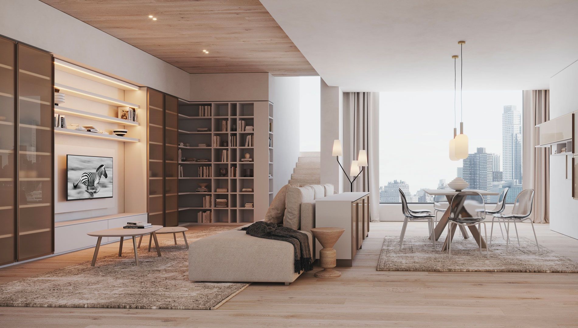 Soggiorno moderno nei toni del beige e del marrone, con posti a sedere, zona pranzo e vista sulla città.