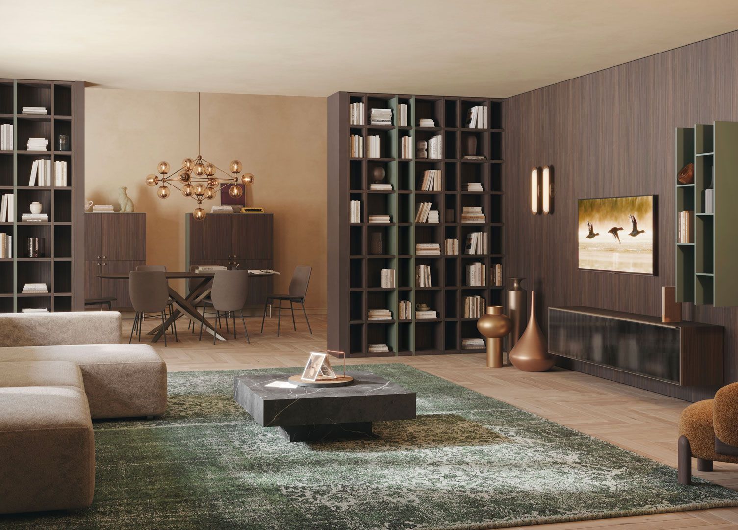 Accogliente soggiorno con librerie, soffice tappeto verde e mobili in legno scuro.