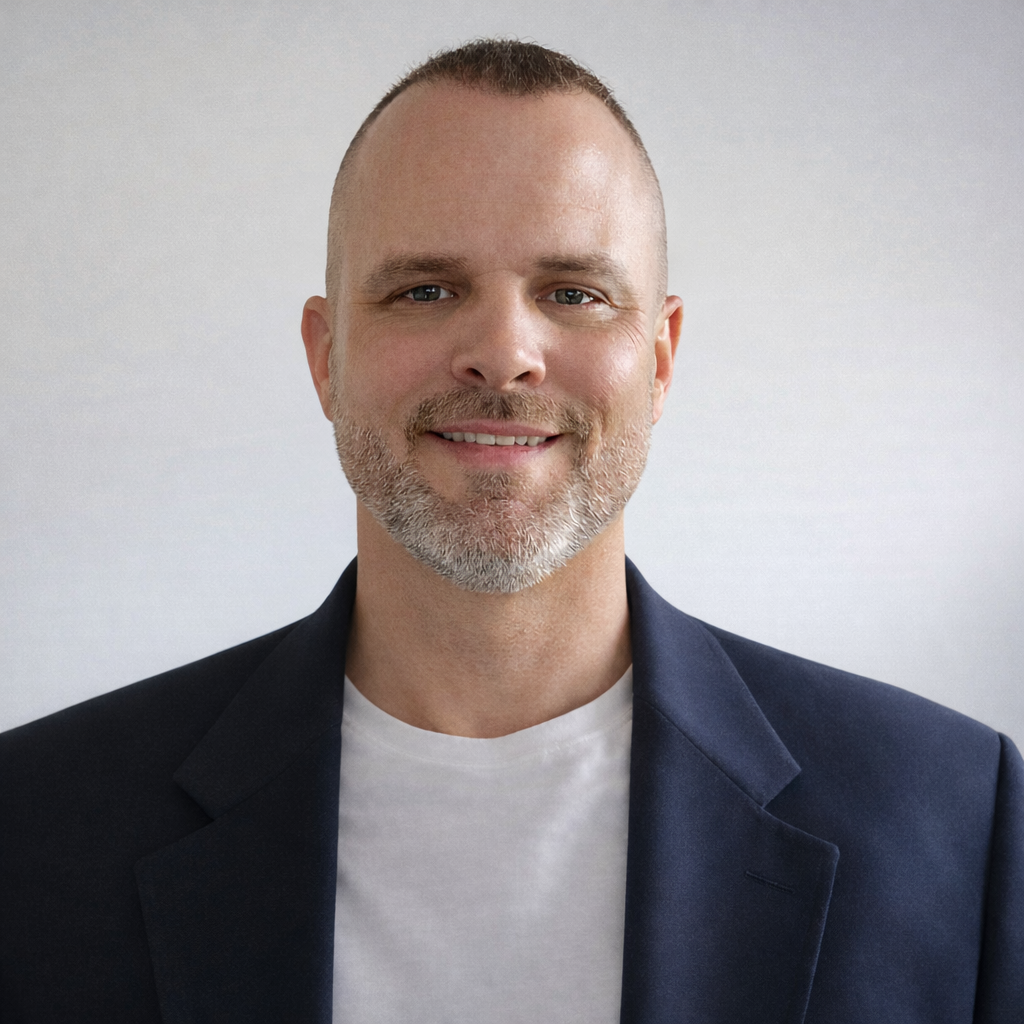 A person with a short haircut and a trimmed beard, smiling while wearing a white shirt under a navy blue blazer.