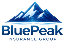 Logo for BluePeak Insurance Group featuring a stylized blue mountain icon above the company name.
