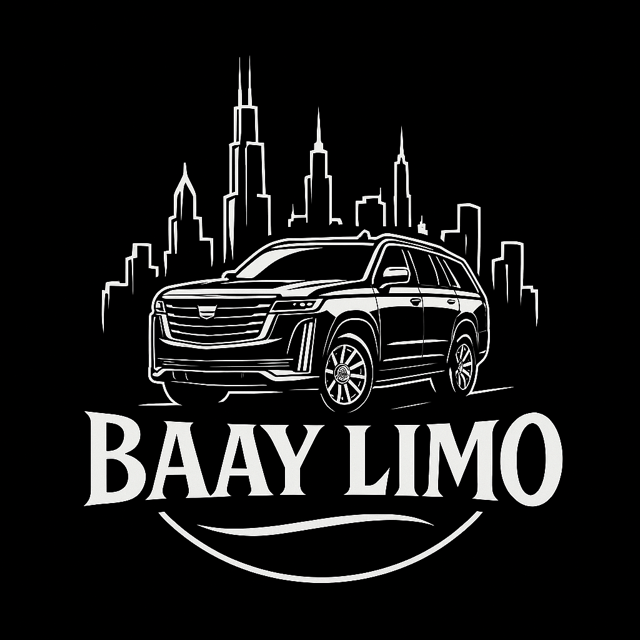 A black and white logo for a limousine with a city skyline in the background.
