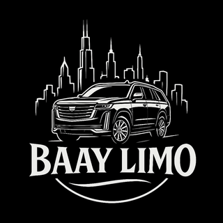 A black and white logo for a limousine with a city skyline in the background.