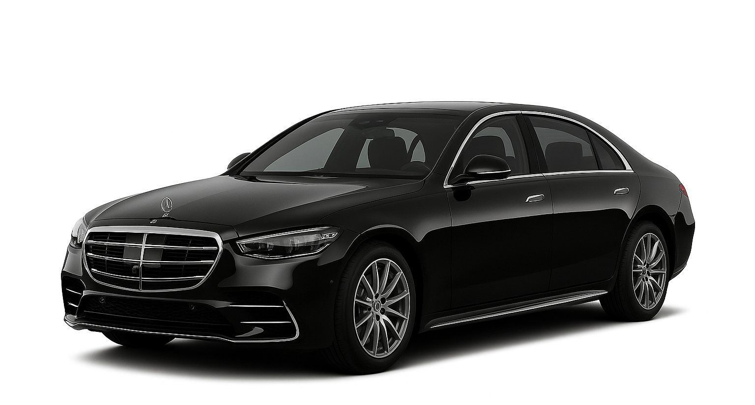 A black mercedes benz s class is shown on a white background.