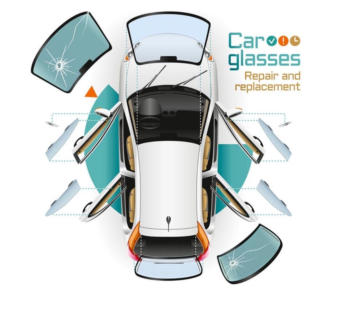 Overhead view of a white car with open doors and broken car glass being repaired or replaced.