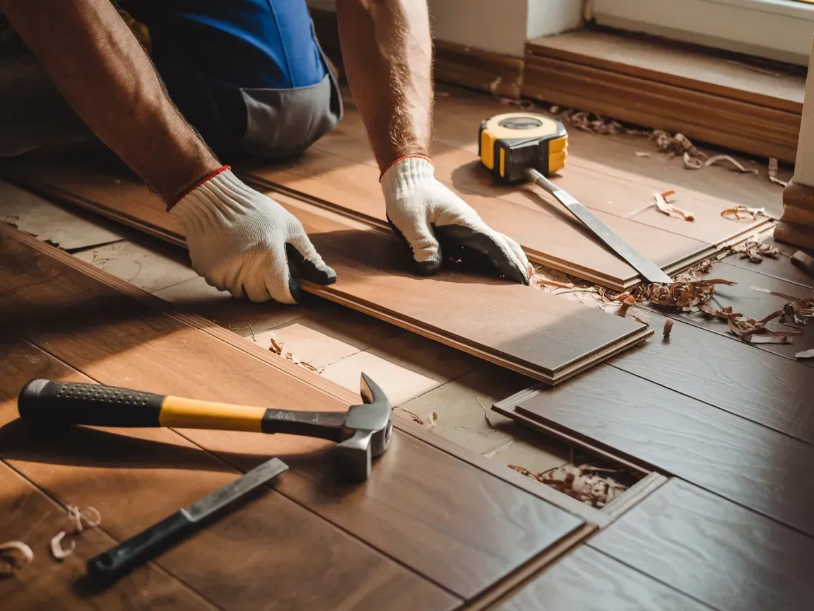 Gloved hands laying wood flooring beside a tape measure and hammer in a sunlit room