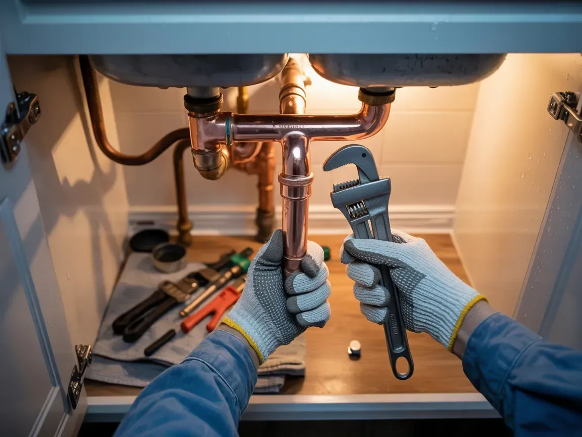 Plumber's gloved hands use a wrench to repair copper pipes under a sink.