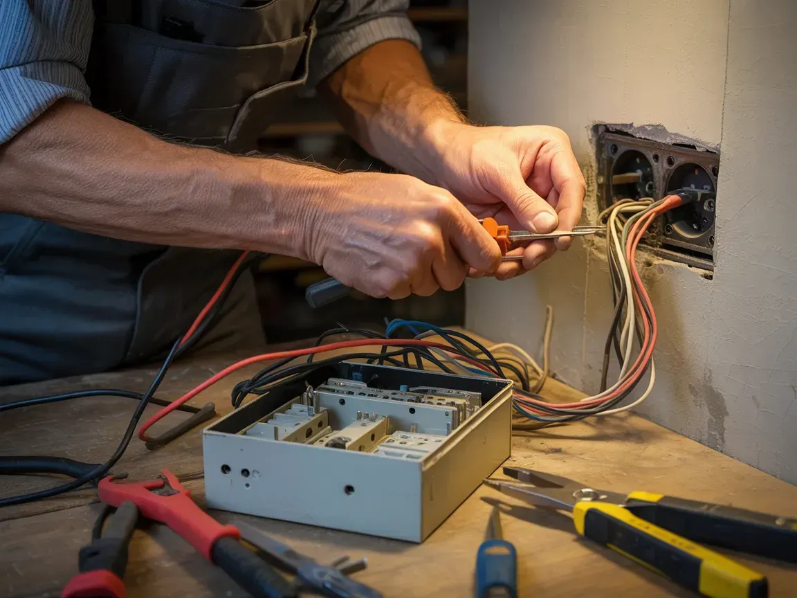 Electrician wiring an open wall junction box with tools on the floor nearby.