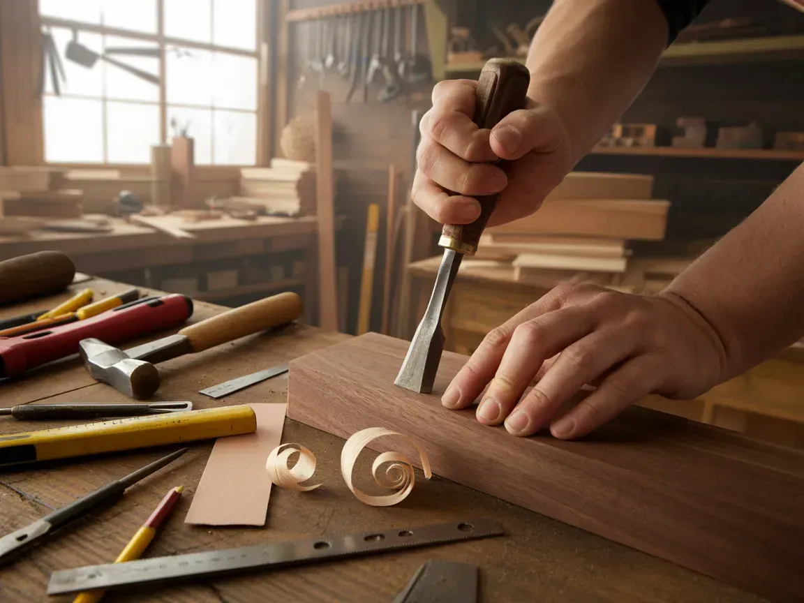 Hands using a chisel on a wooden board in a sunlit workshop with tools scattered nearby