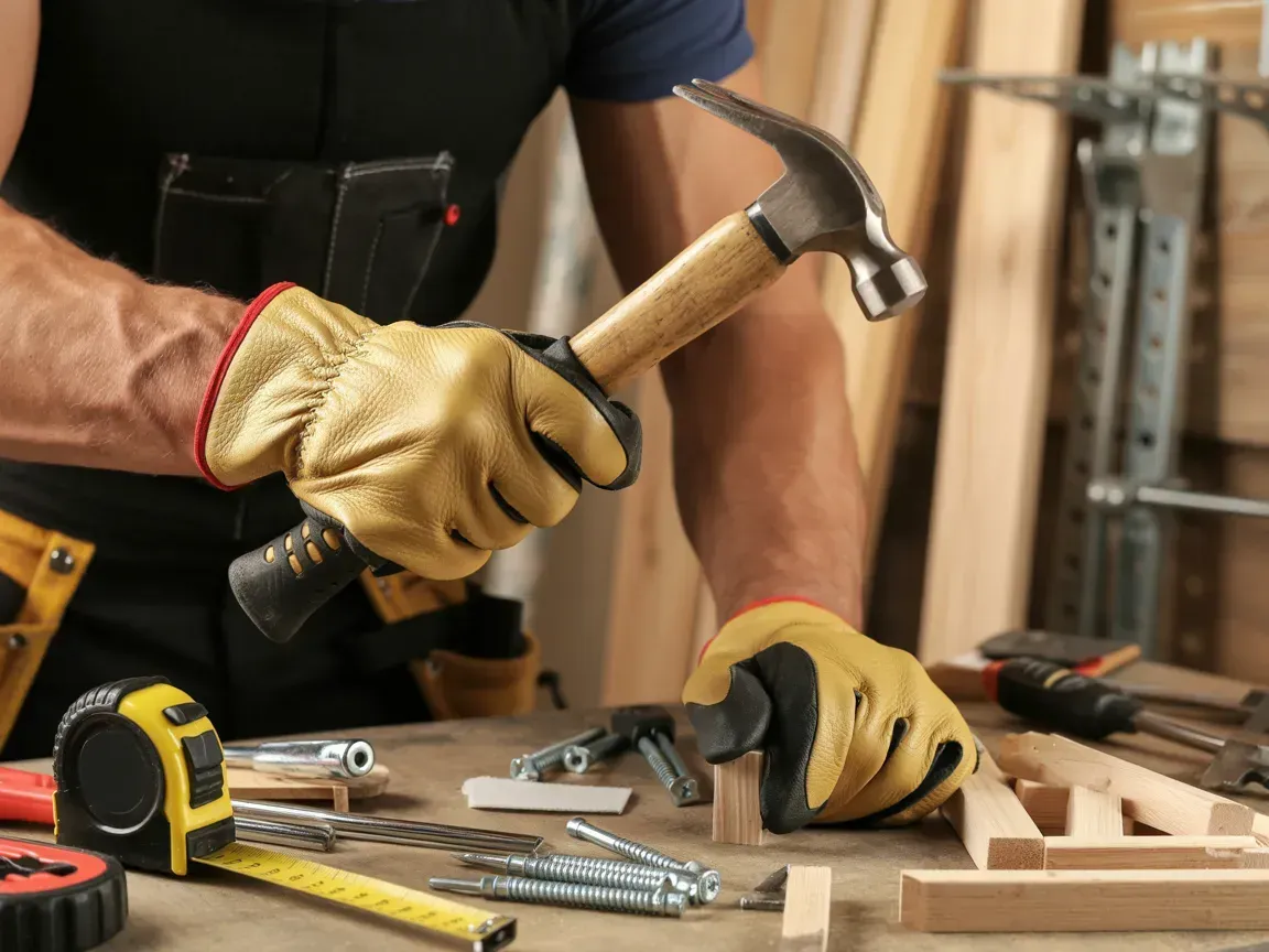 Person hammering nails at a wooden workbench with tools, tape measure, and wood pieces nearby