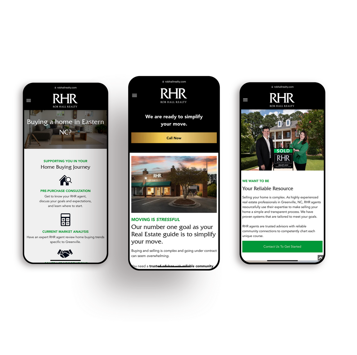 three phones display a website for rhr real estate