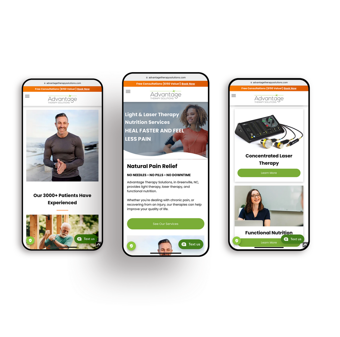 three cell phones display a website for advantage therapy solutions