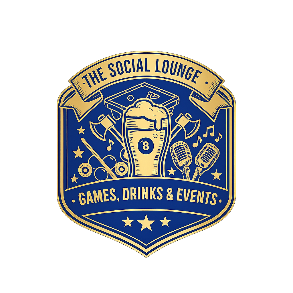 Logo for "The Social Lounge," with a beer glass, axes, and games.