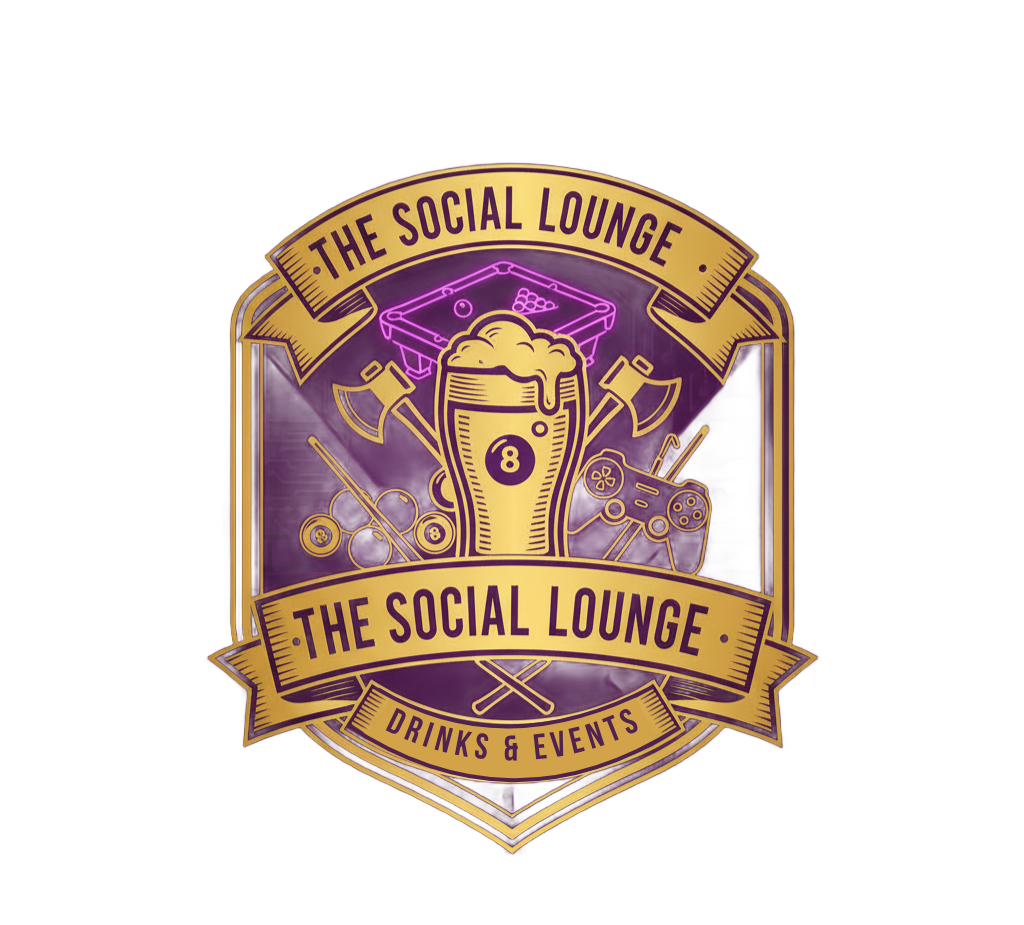 Logo for "The Social Lounge," with a beer glass, axes, and games.