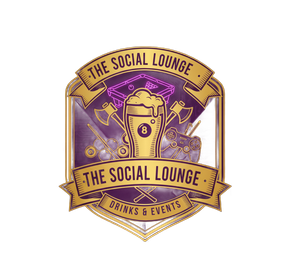 Logo for "The Social Lounge," with a beer glass, axes, and games.