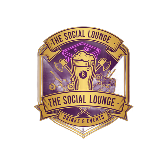 Logo for "The Social Lounge," with a beer glass, axes, and games.