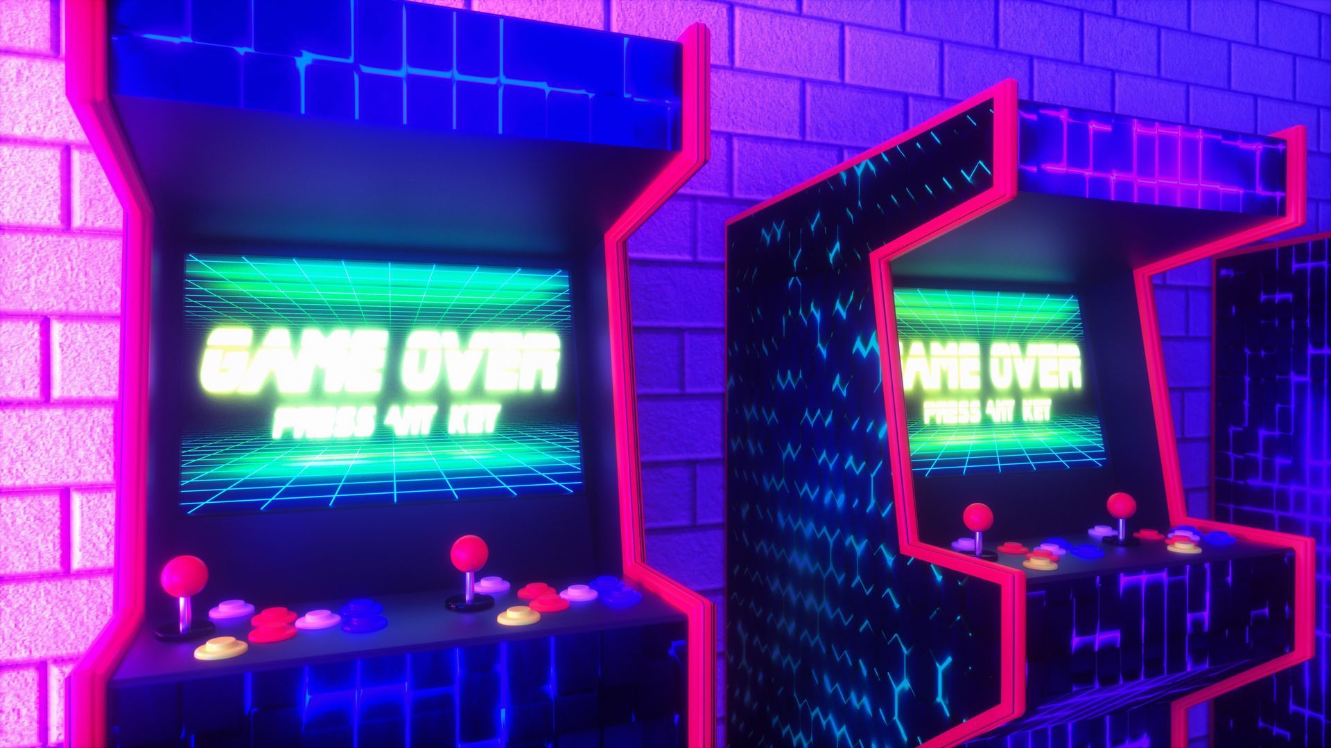 Two arcade game machines glowing neon against a brick wall, screens read 