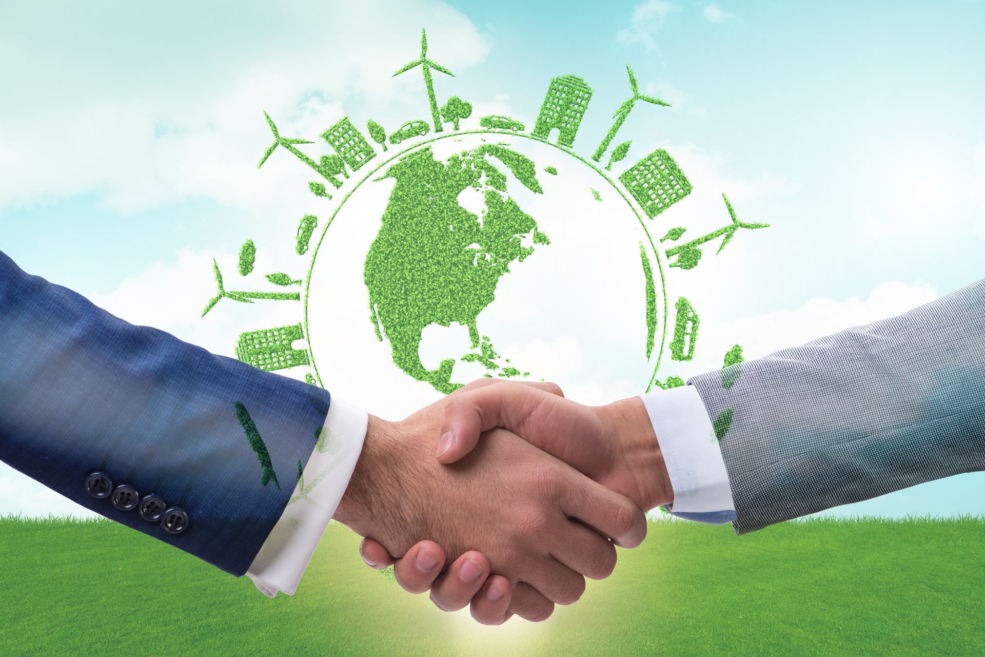 Two men are shaking hands with a green globe in the background.