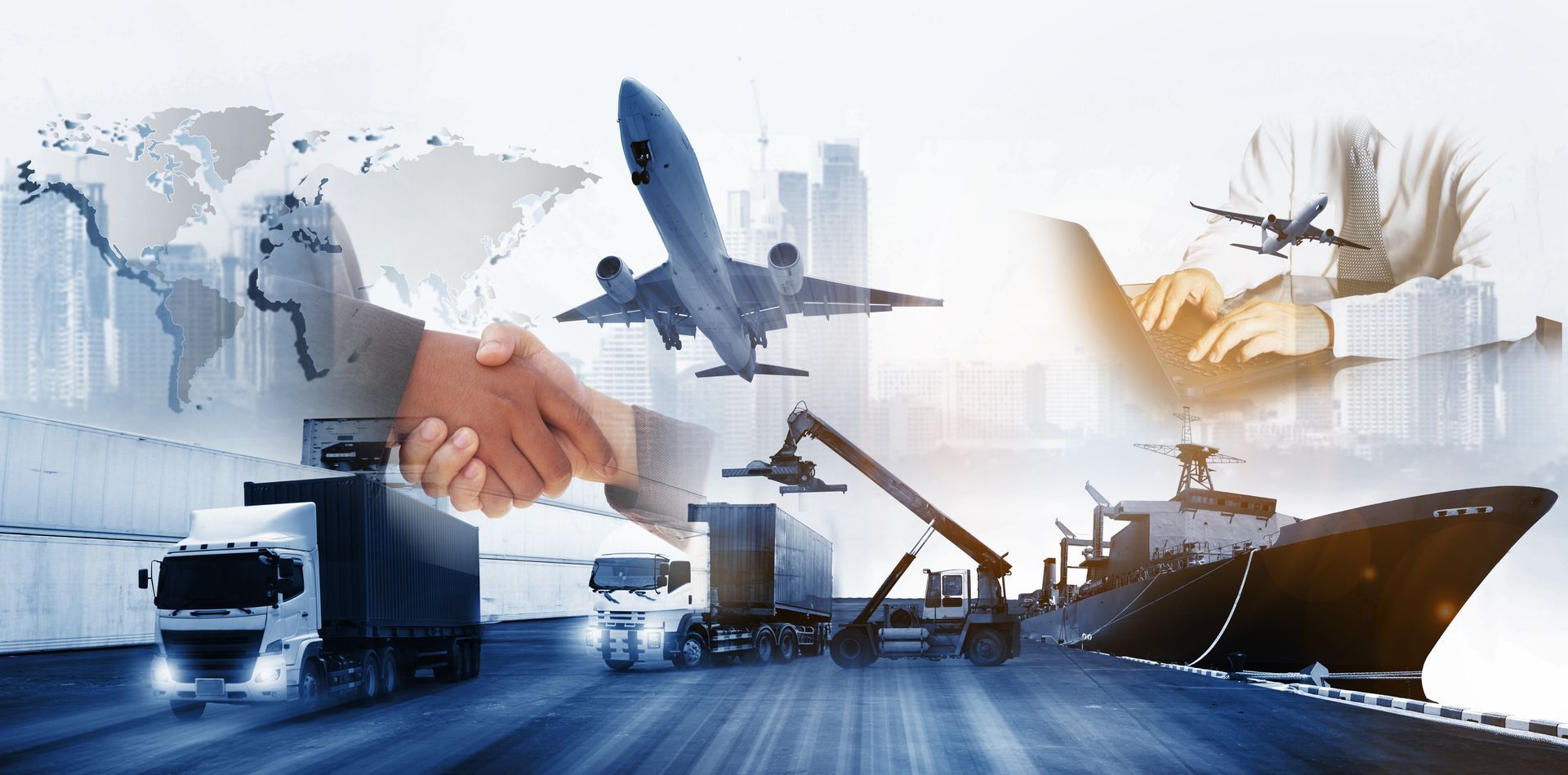 A man is shaking hands with a cargo ship and an airplane in the background.