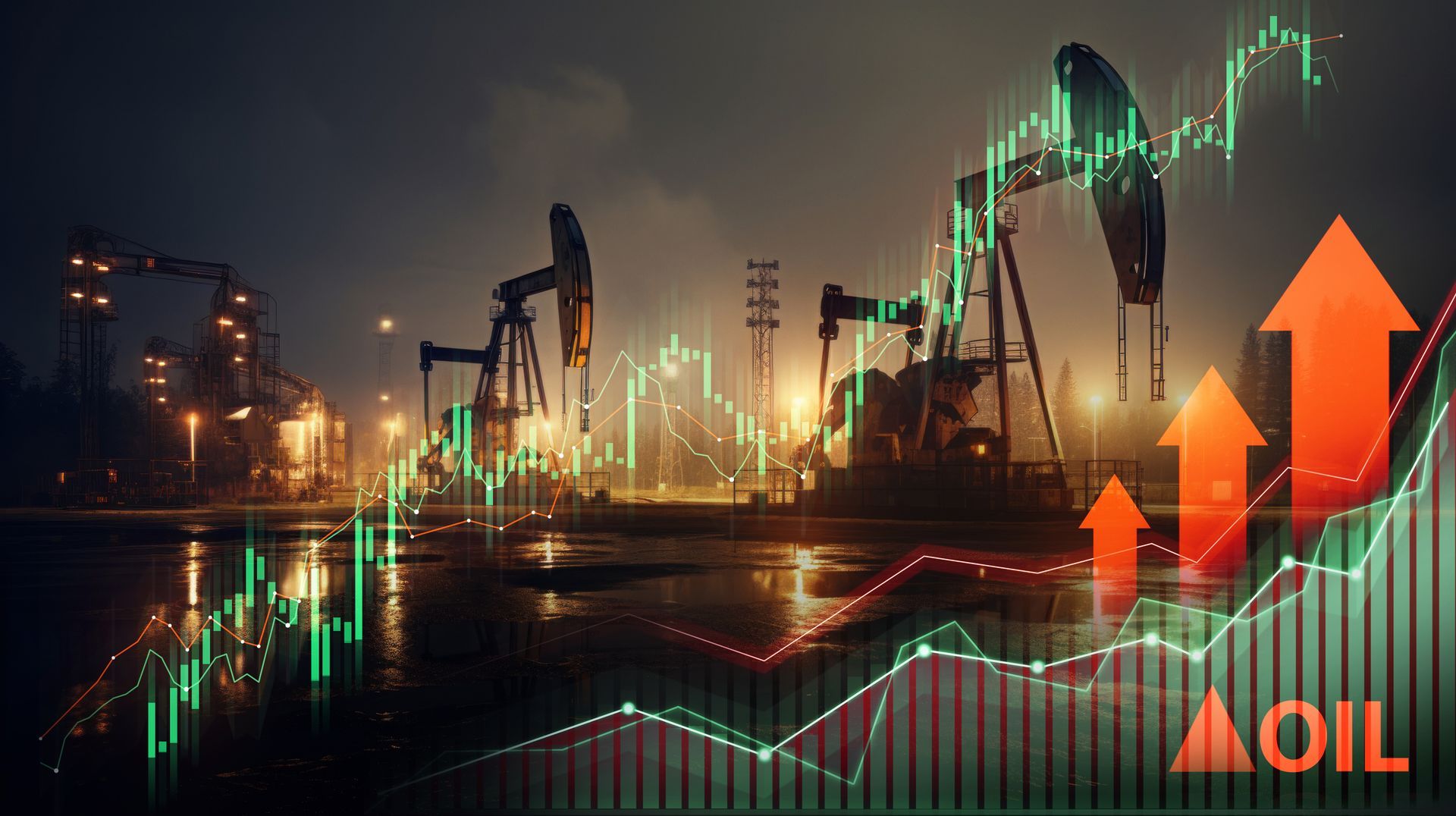 A graph of oil prices going up and down with oil pumps in the background.