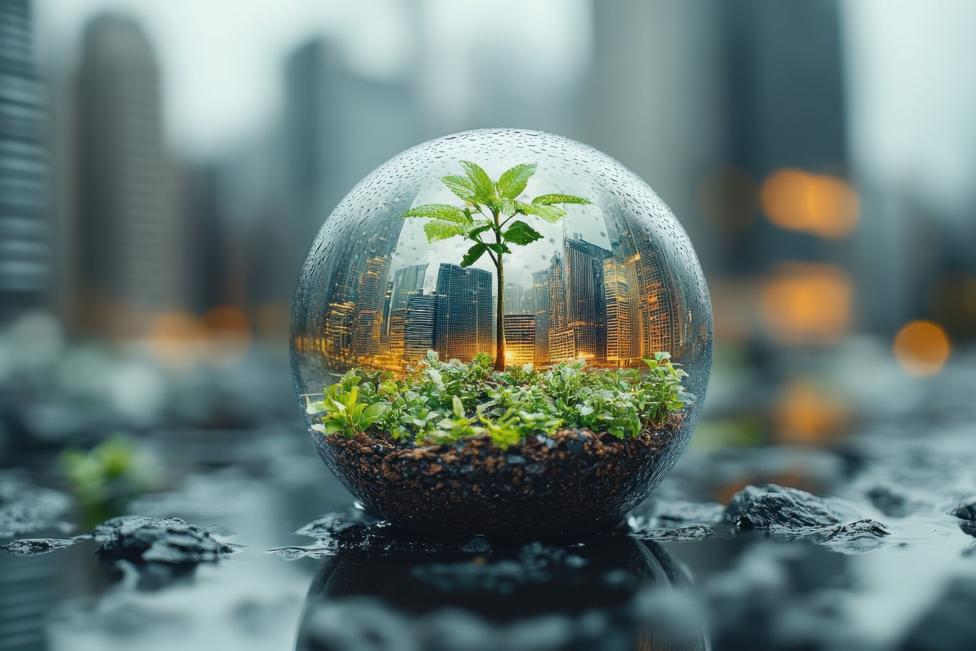 A small plant is growing inside of a glass ball with a city in the background.