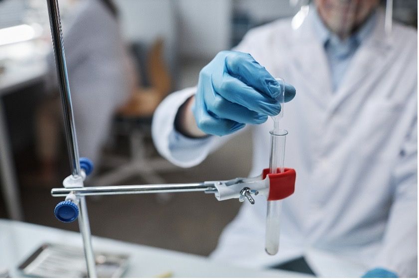 A scientist is holding a test tube in a laboratory wearing blue gloves.