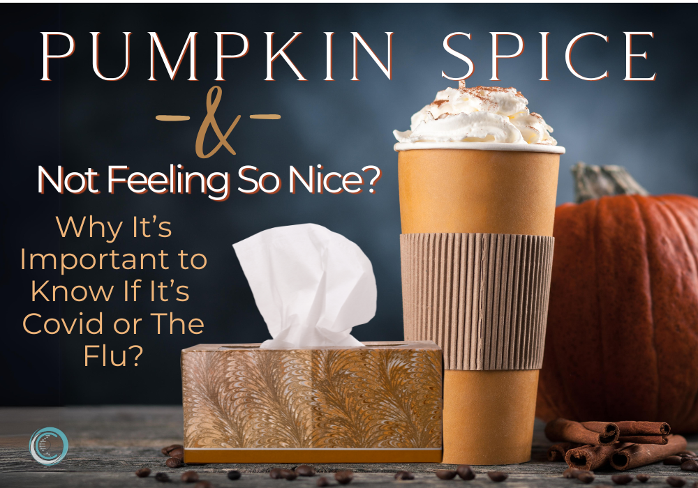 A cup of pumpkin spice next to a box of tissues and mentions Flu and COVID. 