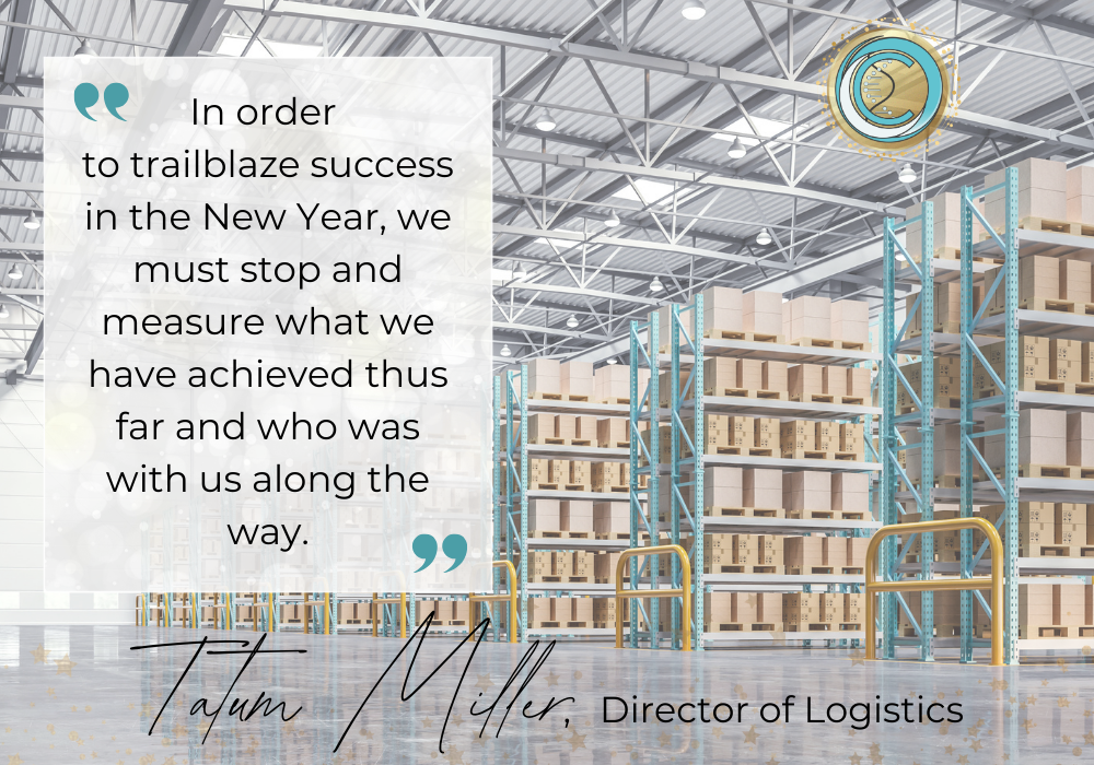 A picture of a warehouse with a quote from our Director of Logistics, Tatum Miller
.