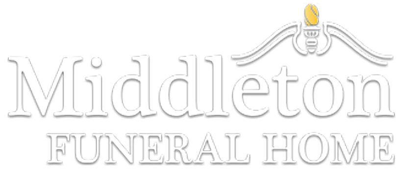 The Middleton Funeral Home logo, featuring white serif text with a small, golden teardrop icon above it.