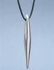 A minimalist, silver, tapered pendant hanging from a thin black cord against a light blue background.