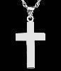 A simple, silver-colored Latin cross pendant hanging from a silver chain against a black background.