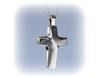 A silver-toned metal cross pendant with a modern, curved design, isolated on a light blue background.