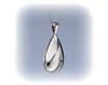 A shiny, metallic teardrop-shaped pendant hanging from a thin chain against a light blue background.