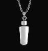 A silver-toned, cylindrical pendant resembling a small shaker, hanging from a matching chain against a black background.