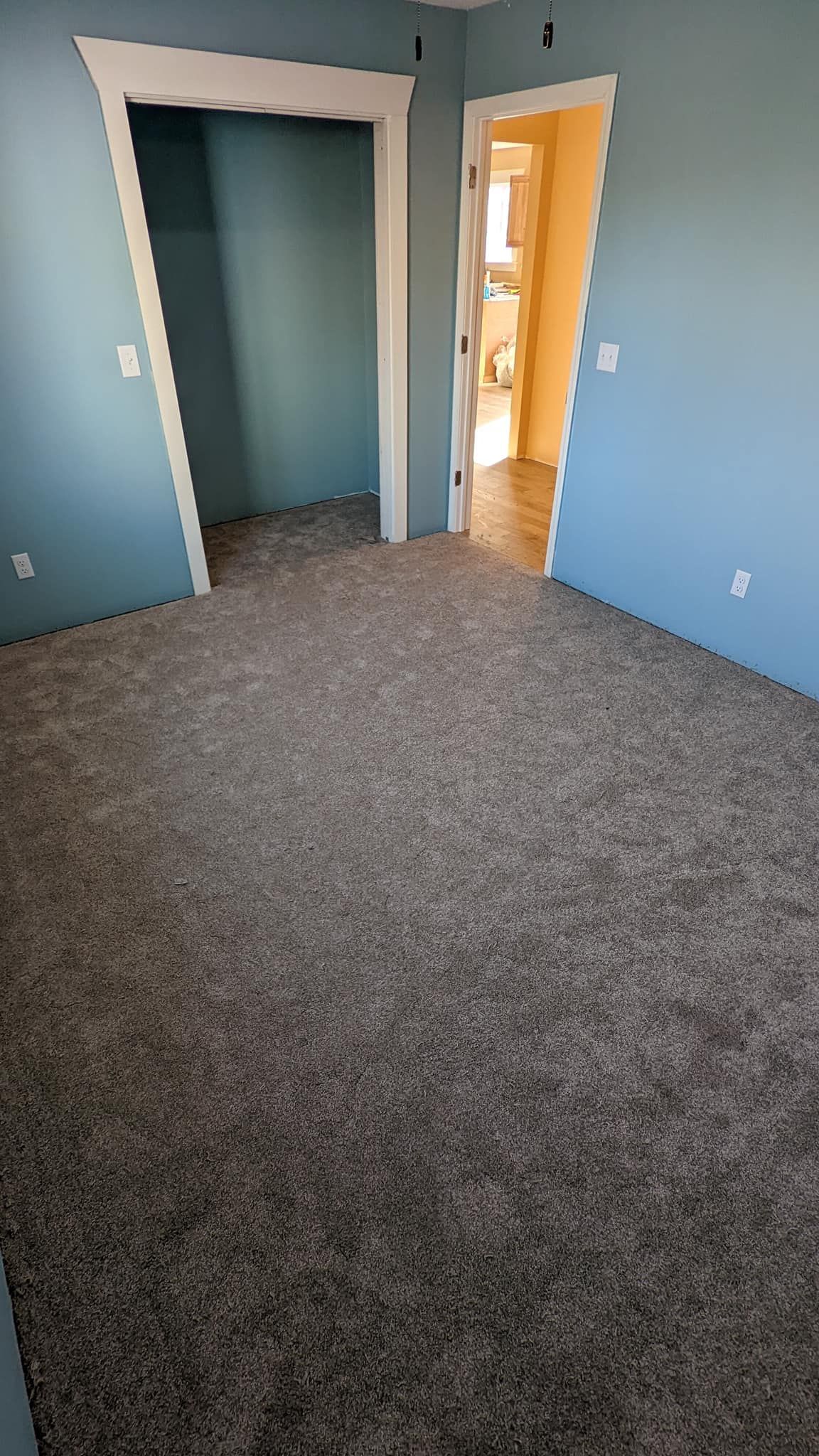 An empty room with a carpeted floor and blue walls.