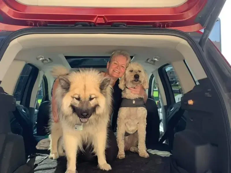 Woman smiling with two dogs in the open back of a red suv