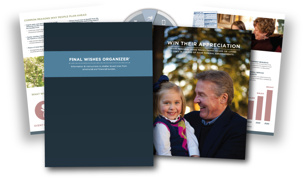 Stack of brochure covers, including a dark blue booklet and a smiling adult and child outdoors.