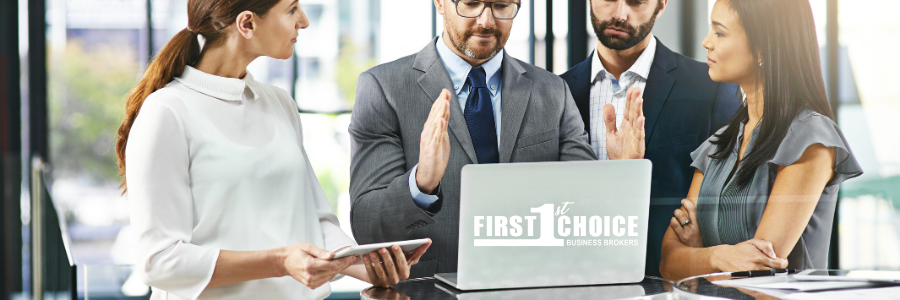 The logo for first choice business brokers is shown with a city skyline in the background.