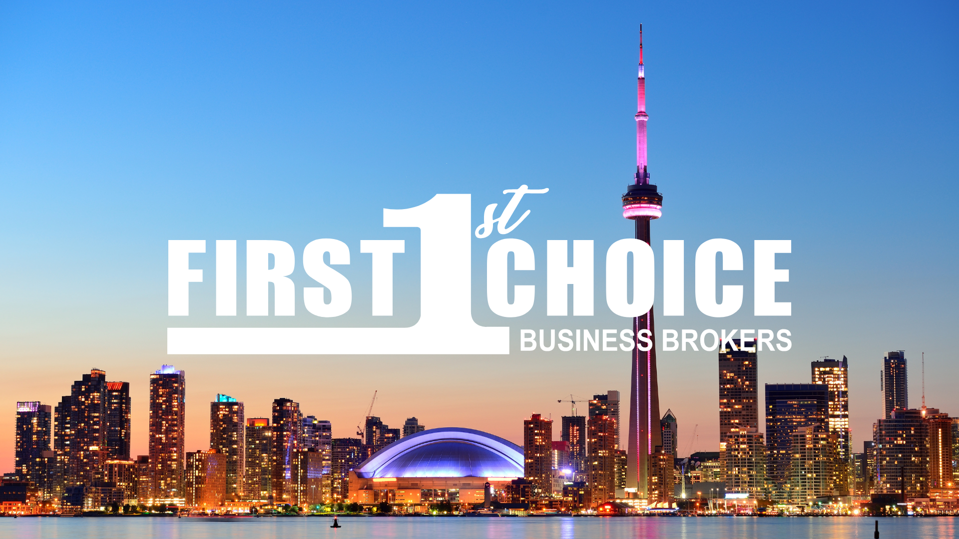 The logo for first choice business brokers is shown with a city skyline in the background.