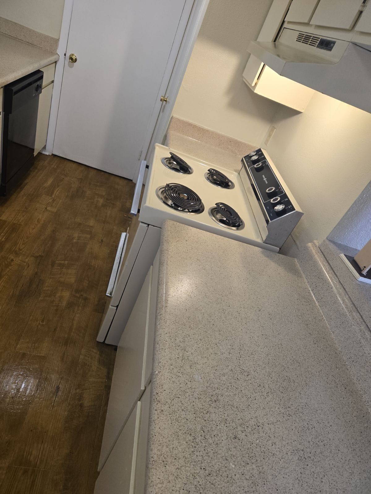 A kitchen with a stove top oven and a dishwasher
