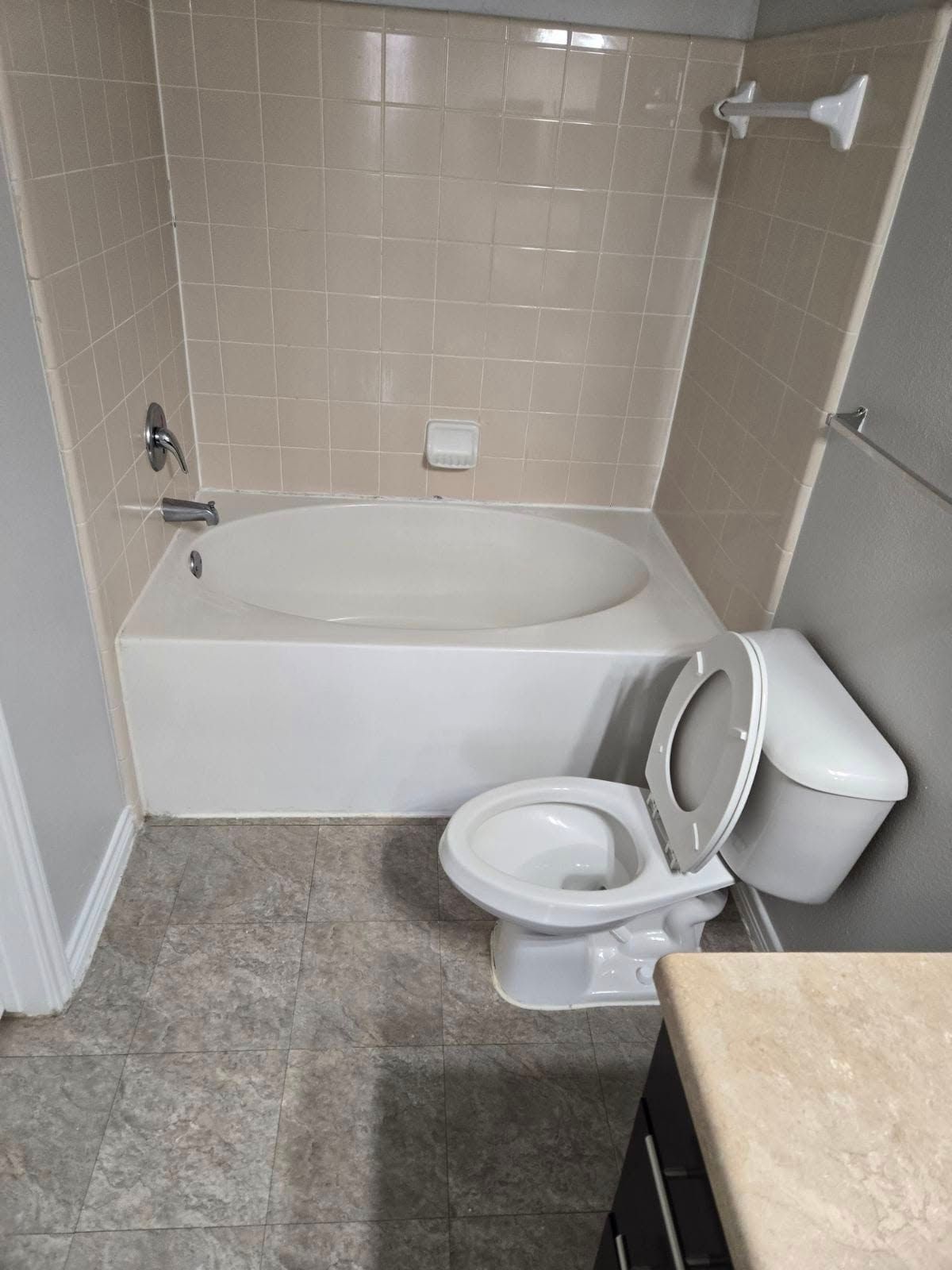 A bathroom with a toilet , bathtub and shower.