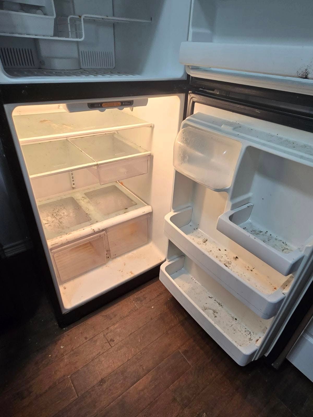 An empty refrigerator with the door open is sitting on a wooden floor.