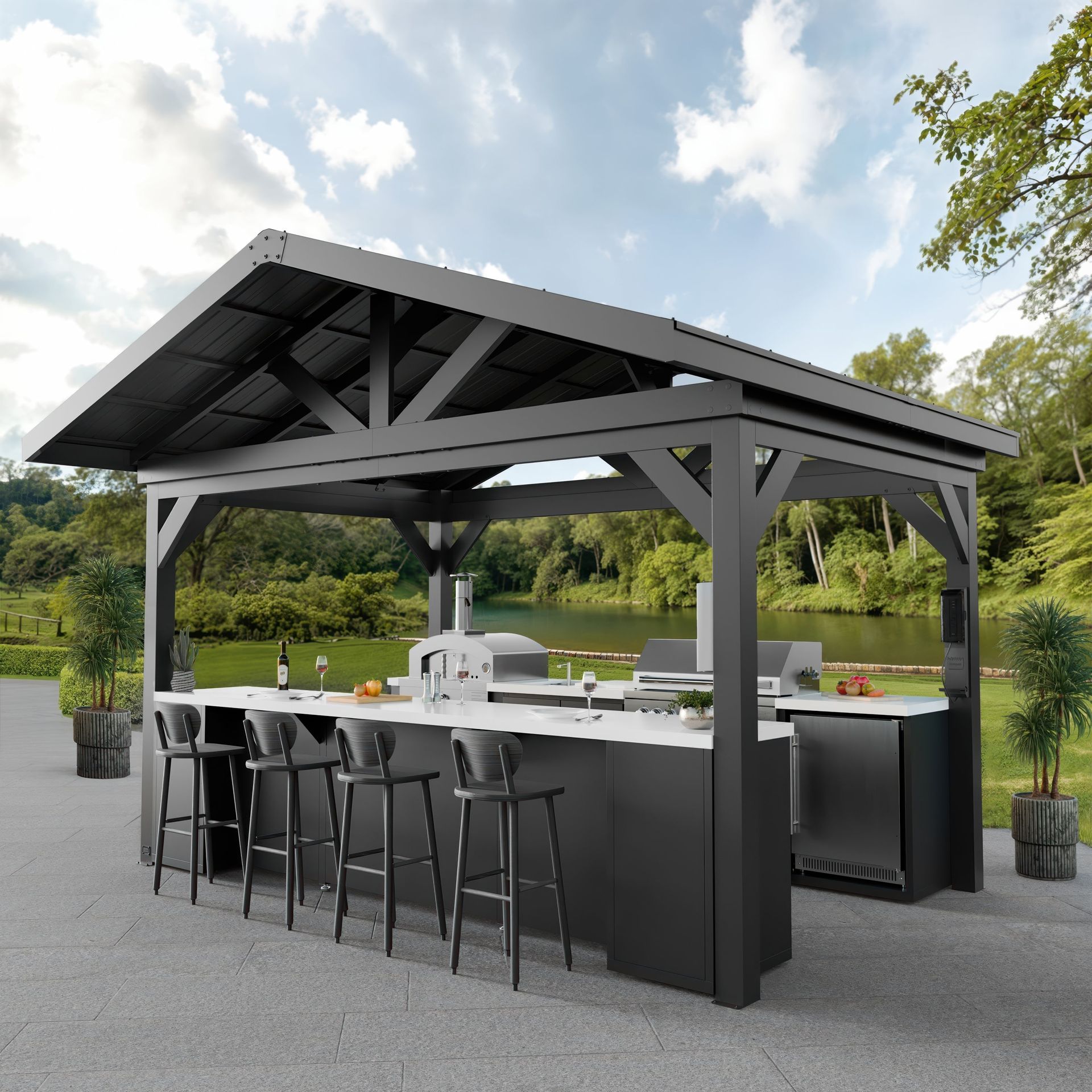 Outdoor kitchen with black structure, white countertops, bar stools, and cooking appliances.