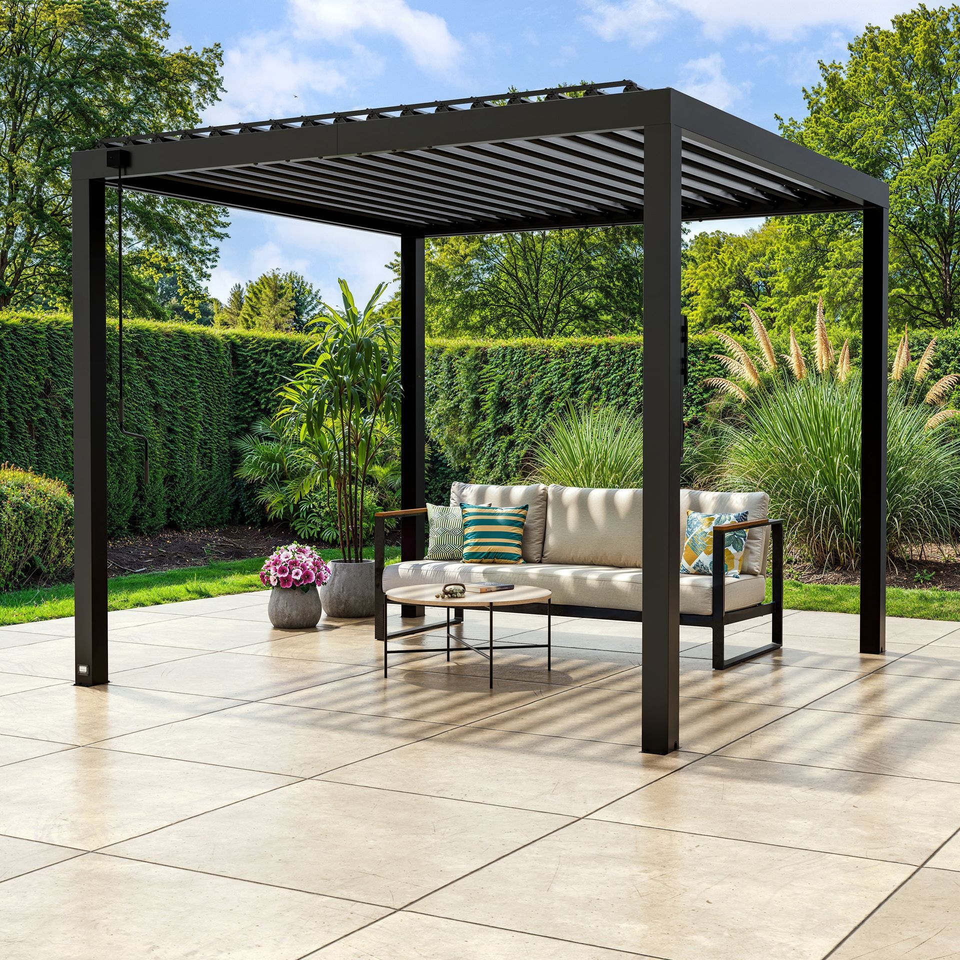 Black pergola over outdoor seating on a patio. Green hedge and plants in the background.