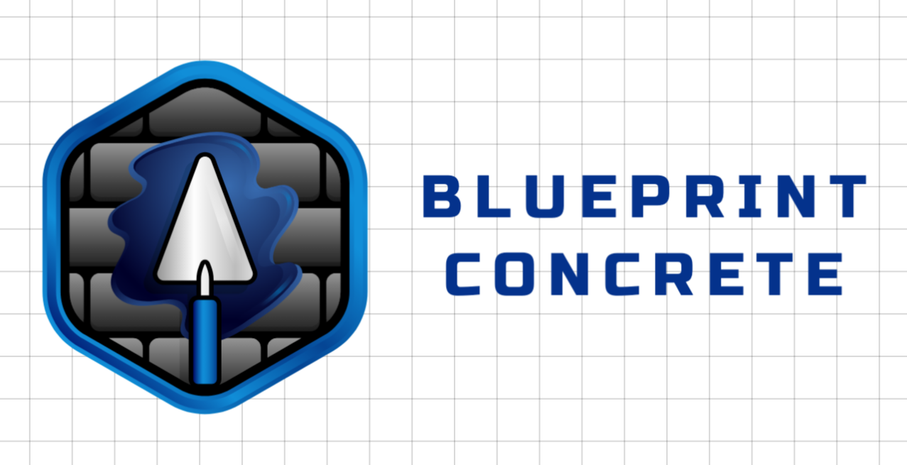 The logo for blueprint concrete shows a trowel in a hexagon.