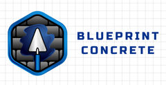 The logo for blueprint concrete shows a trowel in a hexagon.