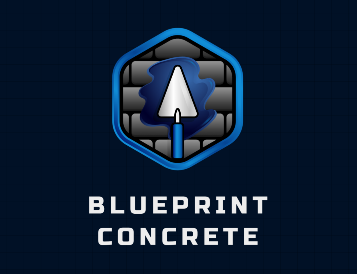 A logo for blueprint concrete with a trowel in the middle