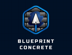 A logo for blueprint concrete with a trowel in the middle
