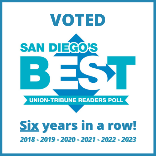 Blue and white badge reading “Voted San Diego’s Best” and “Six years in a row! 2018–2023”