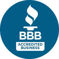 Blue BBB Accredited Business logo with white torch icon and text